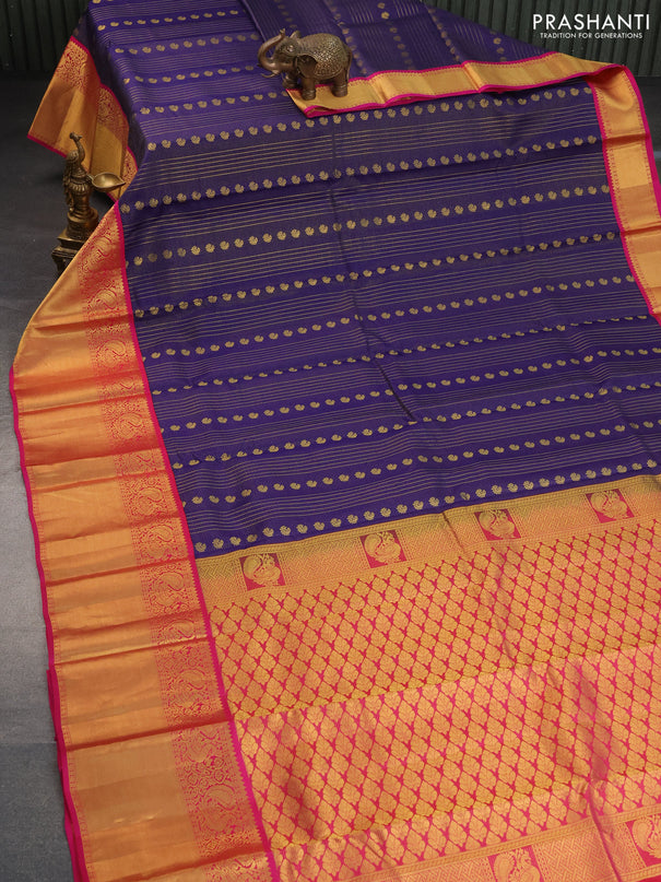 Pure kanchipuram silk saree blue and pink with allover zari weaves & buttas and annam zari woven korvai border