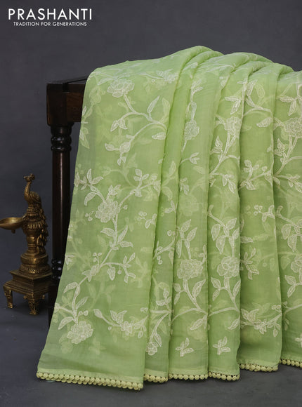 Pure organza silk saree pista green with allover lucknowi work and crocia lace work border