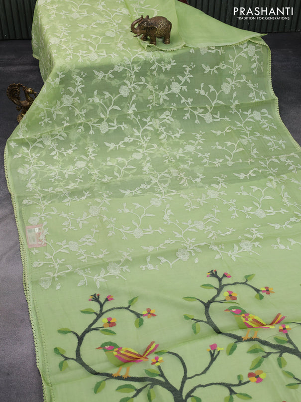 Pure organza silk saree pista green with allover lucknowi work and crocia lace work border