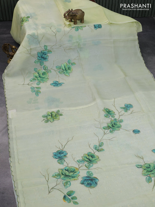 Pure organza silk saree pista green with floral prints & beaded work and beaded work border