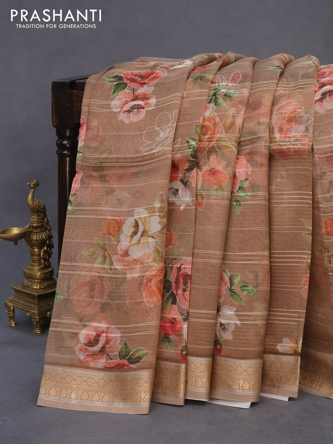 Pure organza silk saree pastel brown with allover floral digital prints and zari woven border