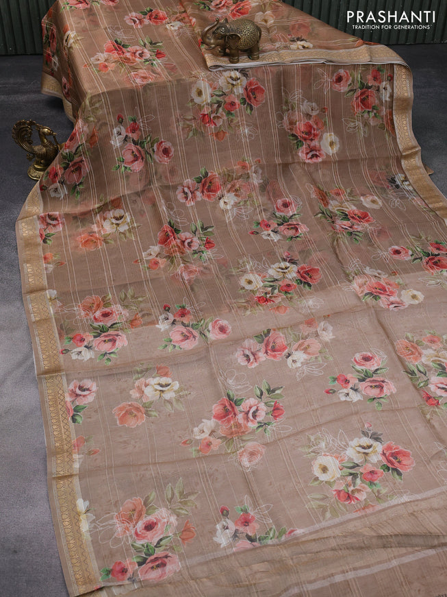 Pure organza silk saree pastel brown with allover floral digital prints and zari woven border