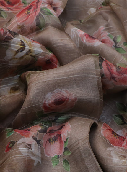 Pure organza silk saree pastel brown with allover floral digital prints and zari woven border