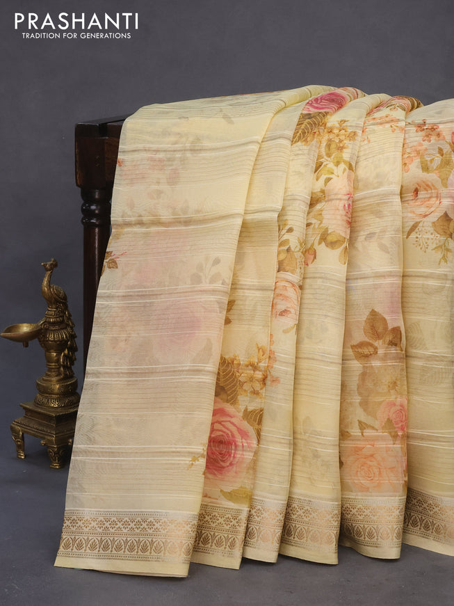 Pure organza silk saree cream with allover floral digital prints and zari woven border