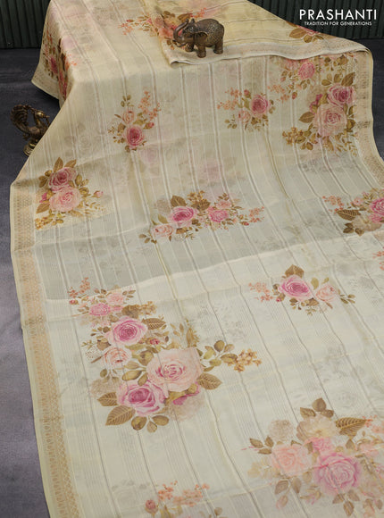 Pure organza silk saree cream with allover floral digital prints and zari woven border