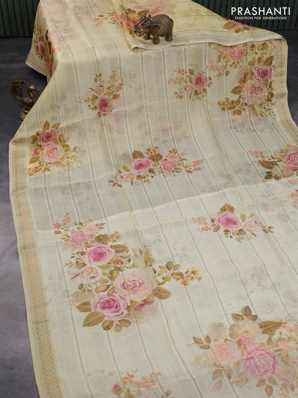 Pure organza silk saree cream with allover floral digital prints and zari woven border