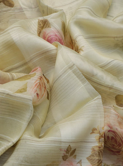 Pure organza silk saree cream with allover floral digital prints and zari woven border