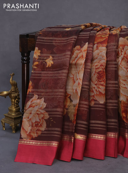 Pure organza silk saree deep maroon and maroon with allover zari strips & floral digital prints and zari woven simple border