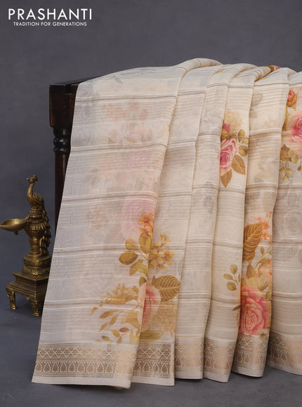 Pure organza silk saree beige with allover floral digital prints and zari woven border