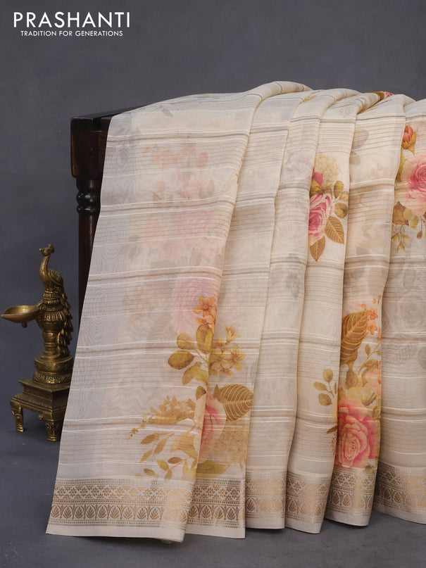 Pure organza silk saree beige with allover floral digital prints and zari woven border