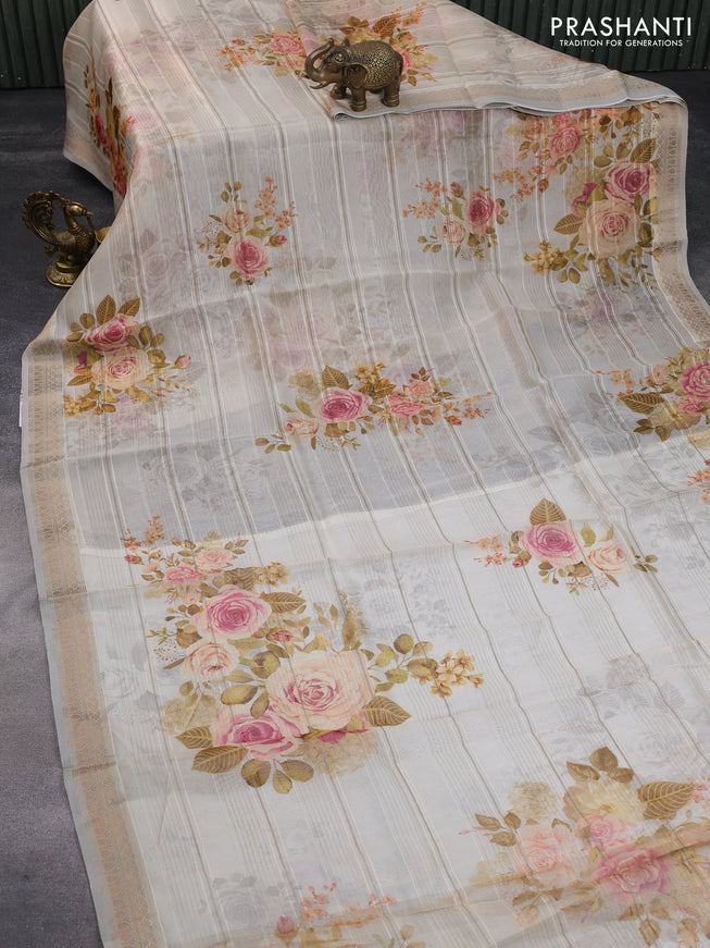 Pure organza silk saree beige with allover floral digital prints and zari woven border