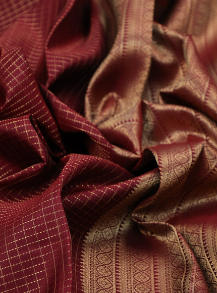 Pure kanchipuram silk saree maroon with allover zari checked pattern and zari woven border