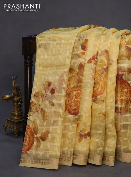 Pure organza silk saree yellow with allover checked pattern & floral digital prints and zari woven border