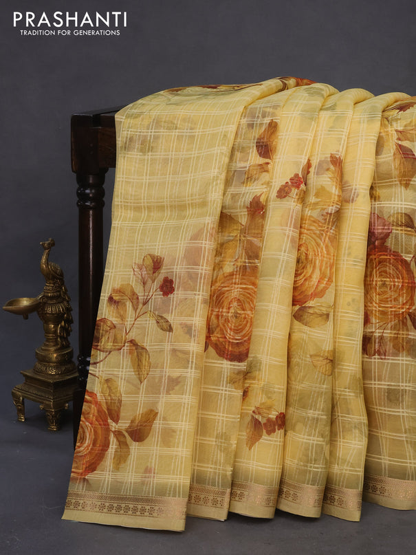 Pure organza silk saree yellow with allover checked pattern & floral digital prints and zari woven border