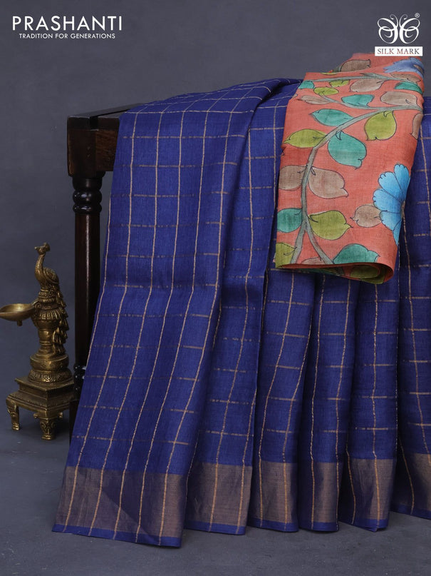 Pure tussar silk saree blue and orange with allover zari checks and zari woven border