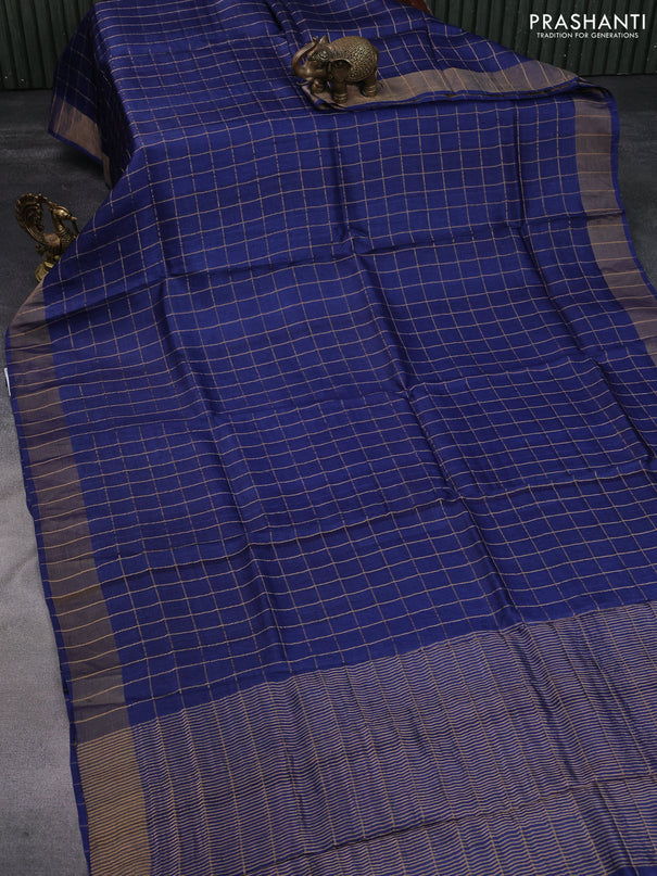 Pure tussar silk saree blue and orange with allover zari checks and zari woven border