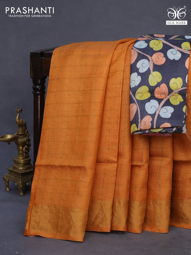 Pure tussar silk saree orange and black with allover zari checks and zari woven border