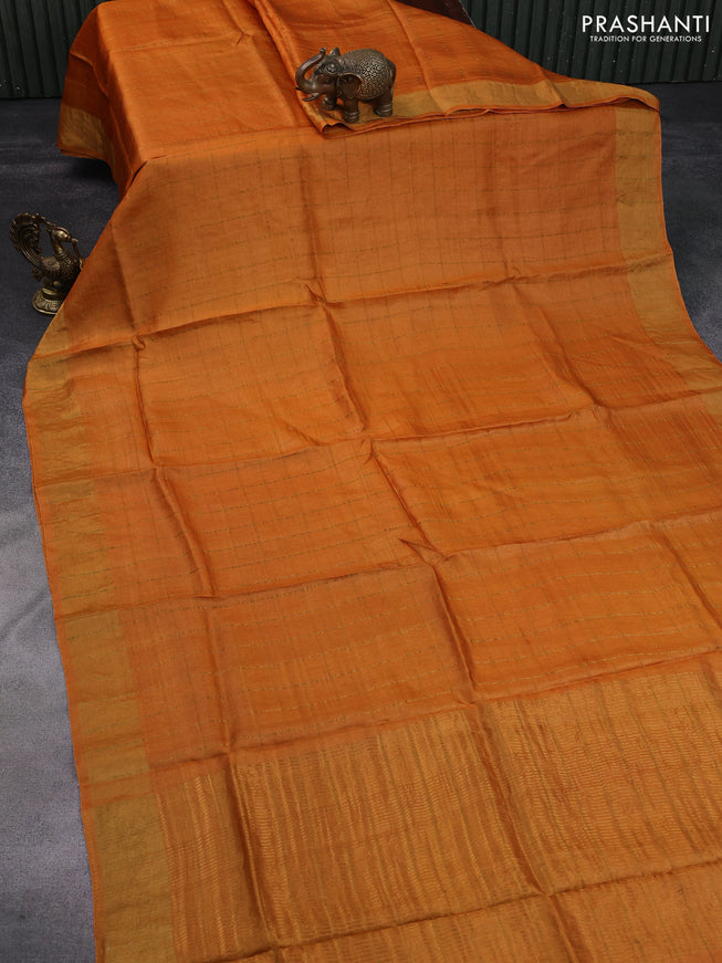 Pure tussar silk saree orange and black with allover zari checks and zari woven border