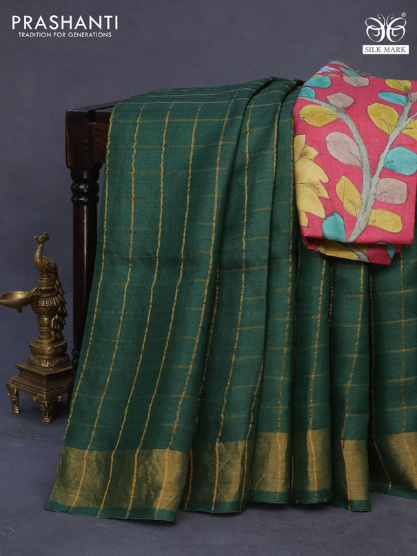 Pure tussar silk saree green and red with allover zari checks and zari woven border