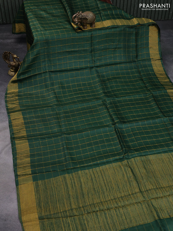 Pure tussar silk saree green and red with allover zari checks and zari woven border