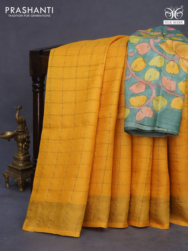 Pure tussar silk saree mango yellow and green shade with allover zari checks and zari woven border