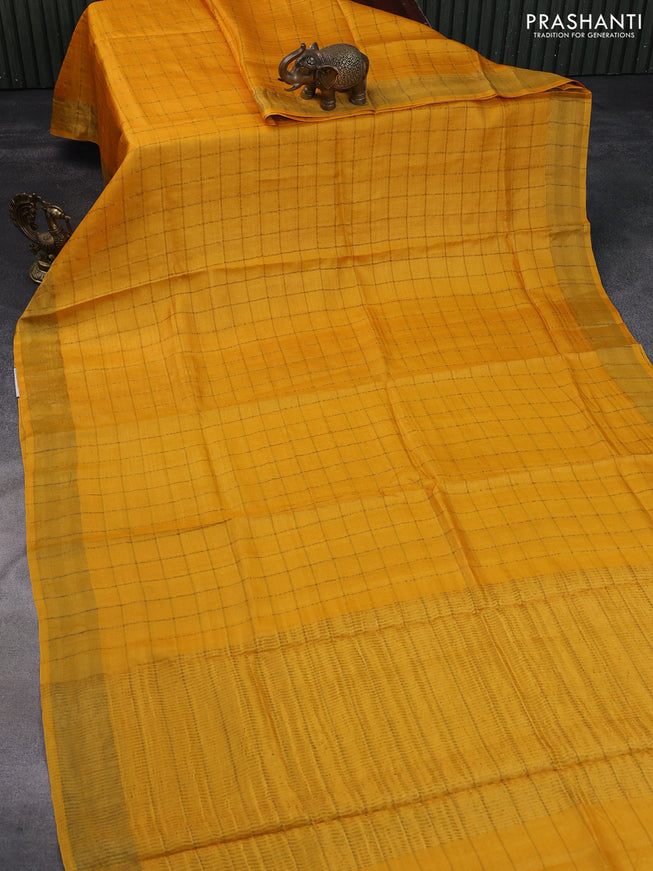 Pure tussar silk saree mango yellow and green shade with allover zari checks and zari woven border