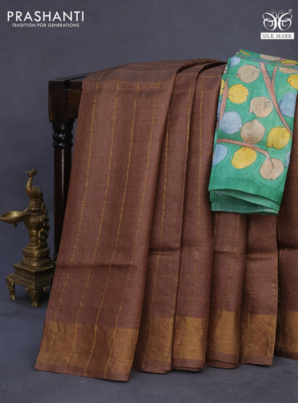 Pure tussar silk saree brown and green with allover zari checks and zari woven border