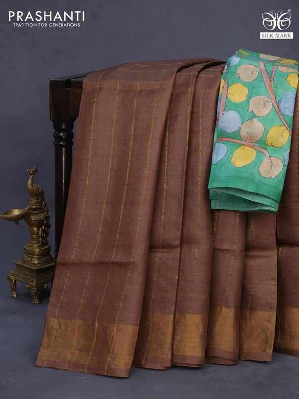 Pure tussar silk saree brown and green with allover zari checks and zari woven border