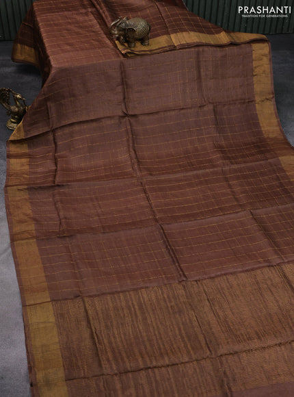 Pure tussar silk saree brown and green with allover zari checks and zari woven border