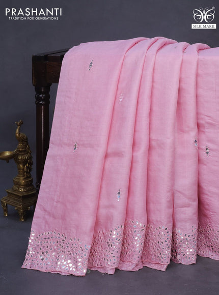 Pure tussar silk saree light pink with mirror work buttas and mirror work border