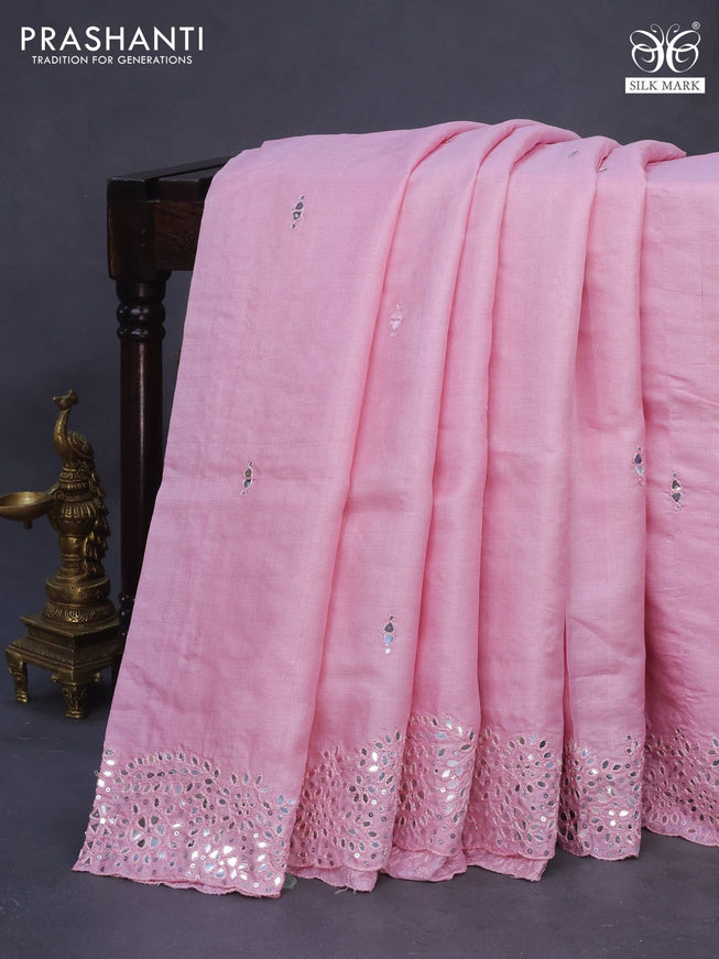 Pure tussar silk saree light pink with mirror work buttas and mirror work border