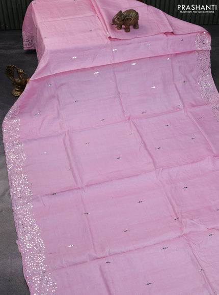 Pure tussar silk saree light pink with mirror work buttas and mirror work border