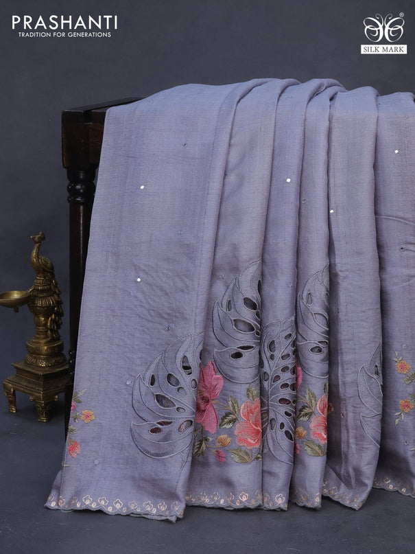 Pure tussar silk saree grey with allover mirror work and floral deisgn embroidery & cut work border