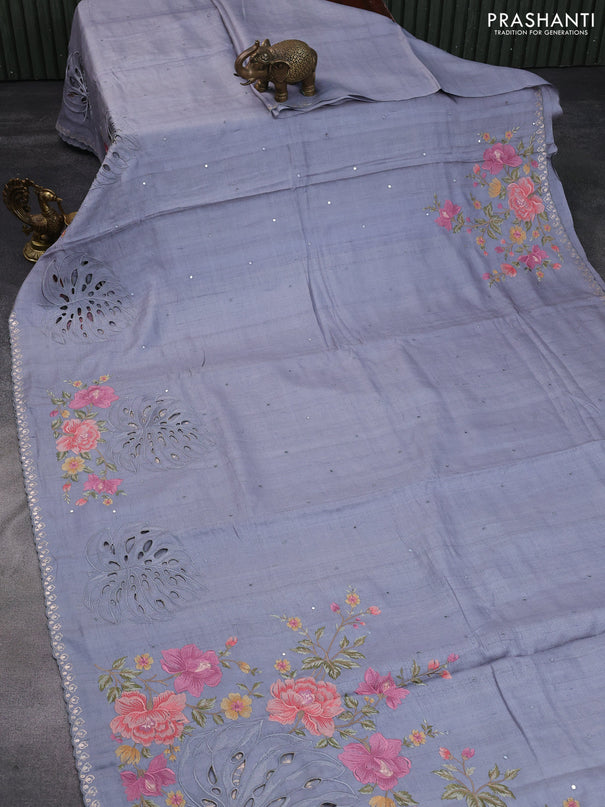 Pure tussar silk saree grey with allover mirror work and floral deisgn embroidery & cut work border