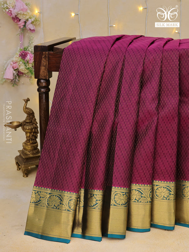 Pure kanchipuram silk saree purple and peacock blue with self emboss & zari weaves and floral zari woven border