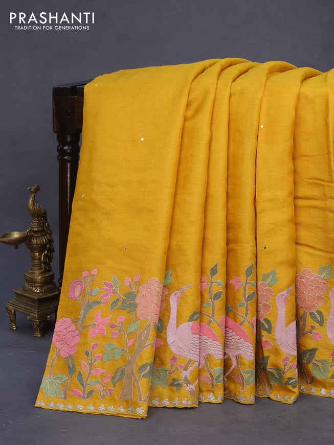 Pure tussar silk saree mustard yellow with allover mirror work and floral deisgn embroidery work border