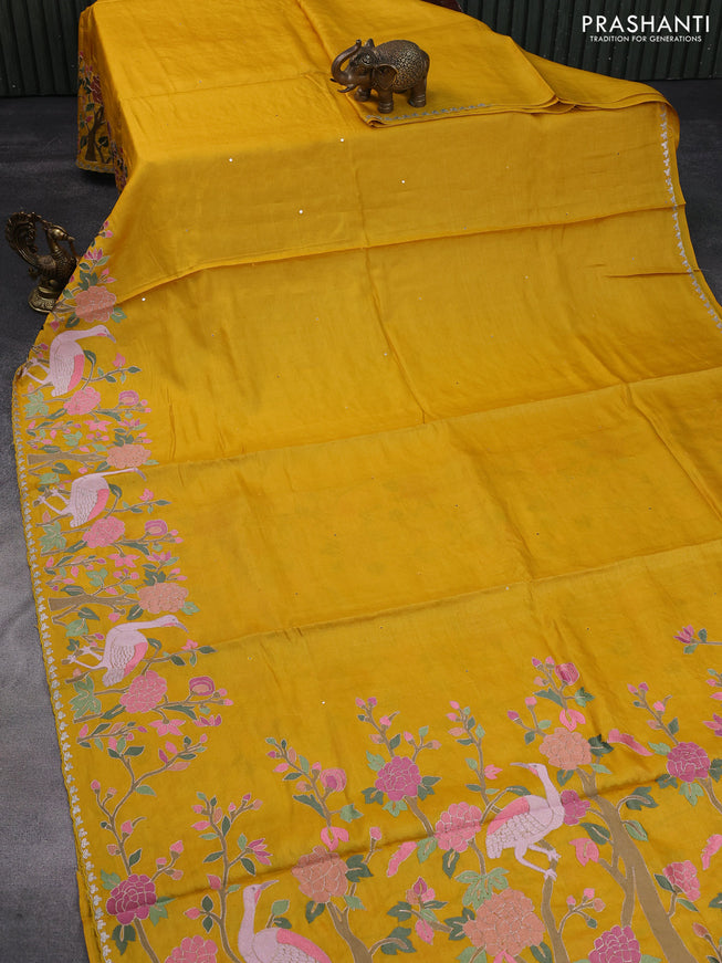 Pure tussar silk saree mustard yellow with allover mirror work and floral deisgn embroidery work border