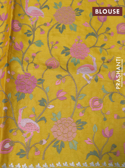 Pure tussar silk saree mustard yellow with allover mirror work and floral deisgn embroidery work border