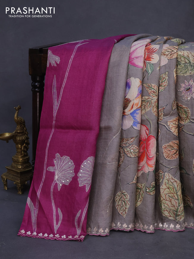 Pure tussar silk partly saree purple and grey with floral prints & pita work and simple border