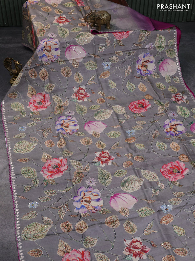 Pure tussar silk partly saree purple and grey with floral prints & pita work and simple border