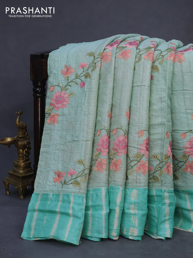 Pure tussar silk saree pastel green and teal blue with allover thread weaves and simple border