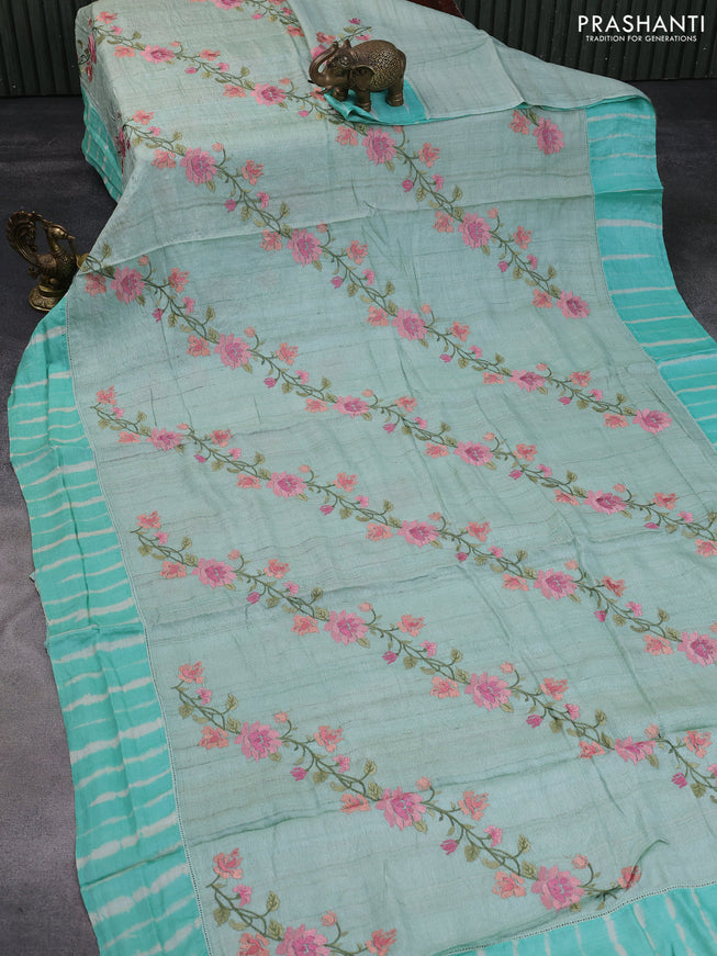 Pure tussar silk saree pastel green and teal blue with allover thread weaves and simple border