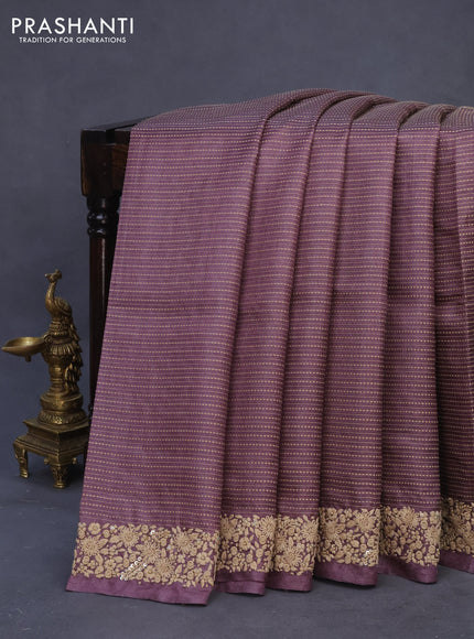 Pure tussar silk saree wine shade with allover thread weaves and embroidery work border