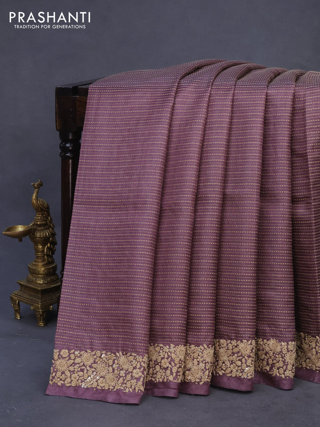 Pure tussar silk saree wine shade with allover thread weaves and embroidery work border