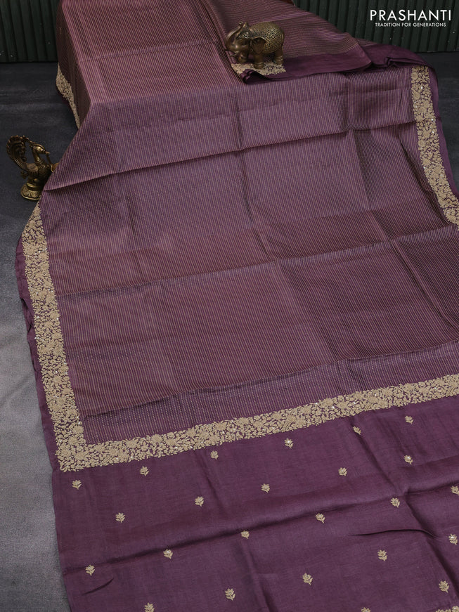 Pure tussar silk saree wine shade with allover thread weaves and embroidery work border