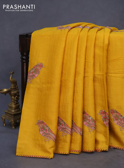 Pure tussar silk saree mustard yellow with embroidery work buttas and simple border