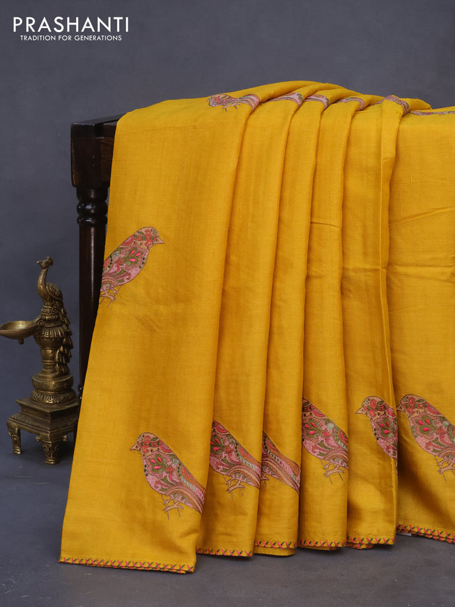 Pure tussar silk saree mustard yellow with embroidery work buttas and simple border