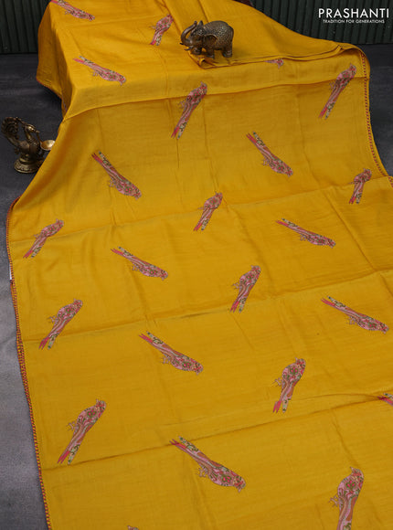 Pure tussar silk saree mustard yellow with embroidery work buttas and simple border