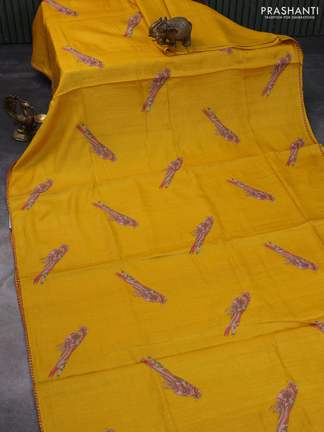 Pure tussar silk saree mustard yellow with embroidery work buttas and simple border