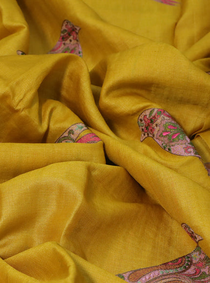 Pure tussar silk saree mustard yellow with embroidery work buttas and simple border